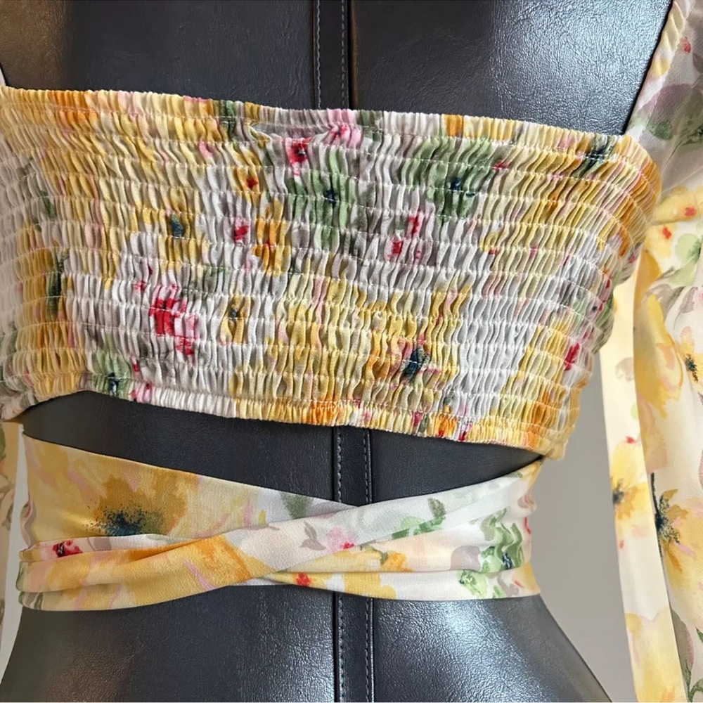 Sheer Floral Bloom Chiffon Crop Top Y2K  True Wrap Yellow Romantic Milkmaid - Picture 3 of 10